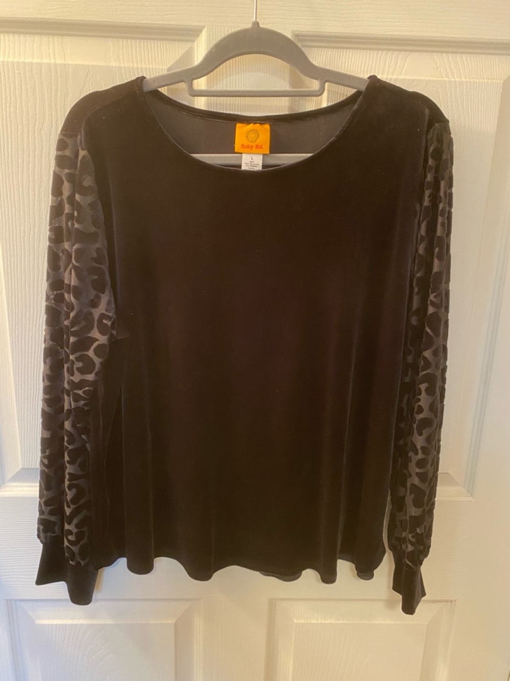 Ruby Rd. Black Velvet Long-Sleeve Top with Burnout Animal-Print Sleeves